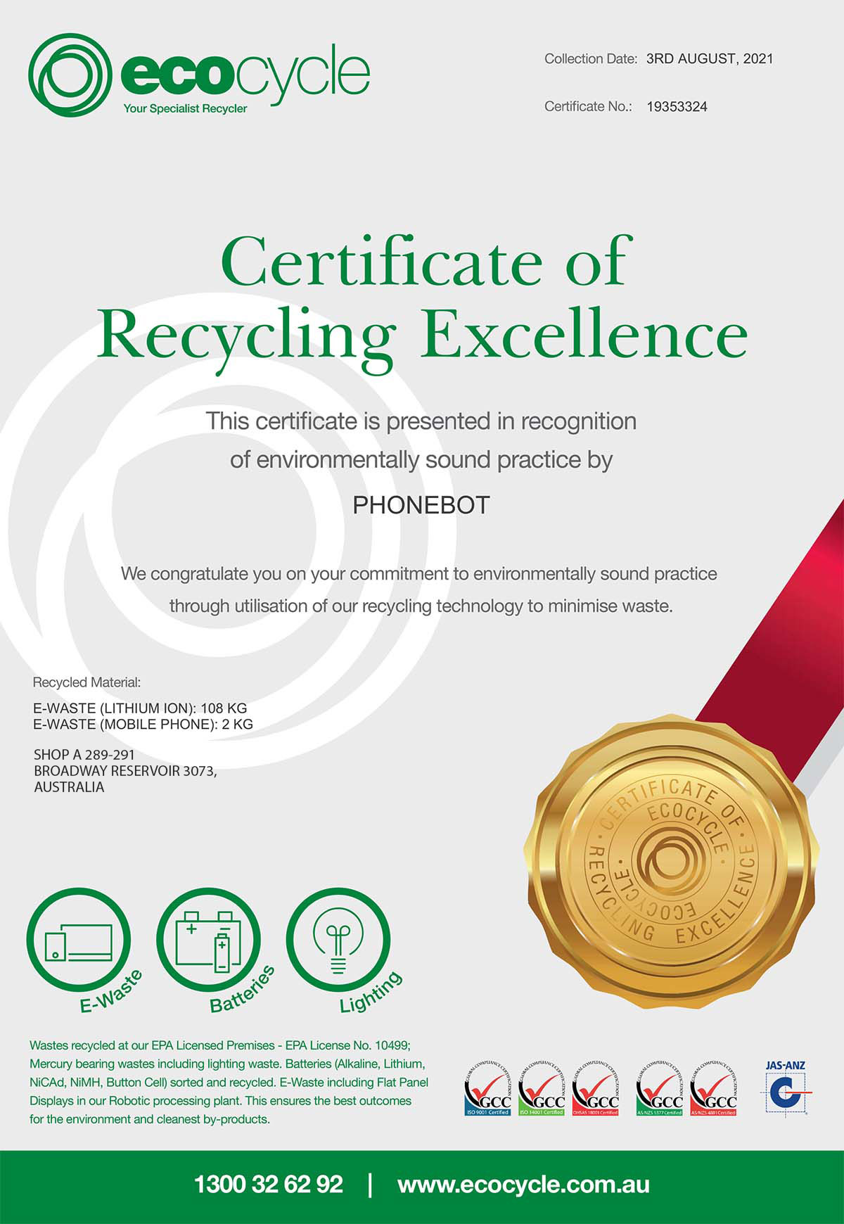 Certificate of Recycling Excellence